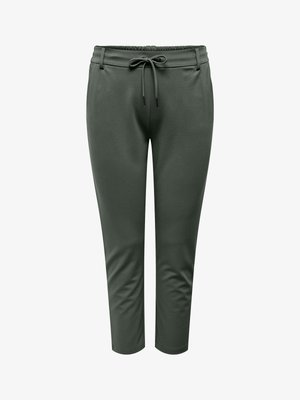 Tamsiai žaliai plonos, aptemptos kelnės su reguliuojamu raišteliu juosmens srityje ir priekinėmis kišenėmis, pagamintos iš lygaus, tampraus audinio.