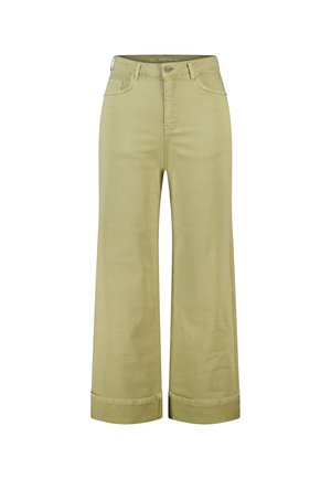 Hooggetailleerde broek met wijde pijpen in lichtbeige met knoop- en ritssluiting aan de voorkant, voor- en achterzakken en omgeslagen zomen.