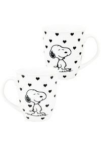 Tazza ceramica bianca con opere d'arte in linea nera raffigurante un cane tra cuori neri sparsi. Manico curvo, forma cilindrica, finitura liscia.