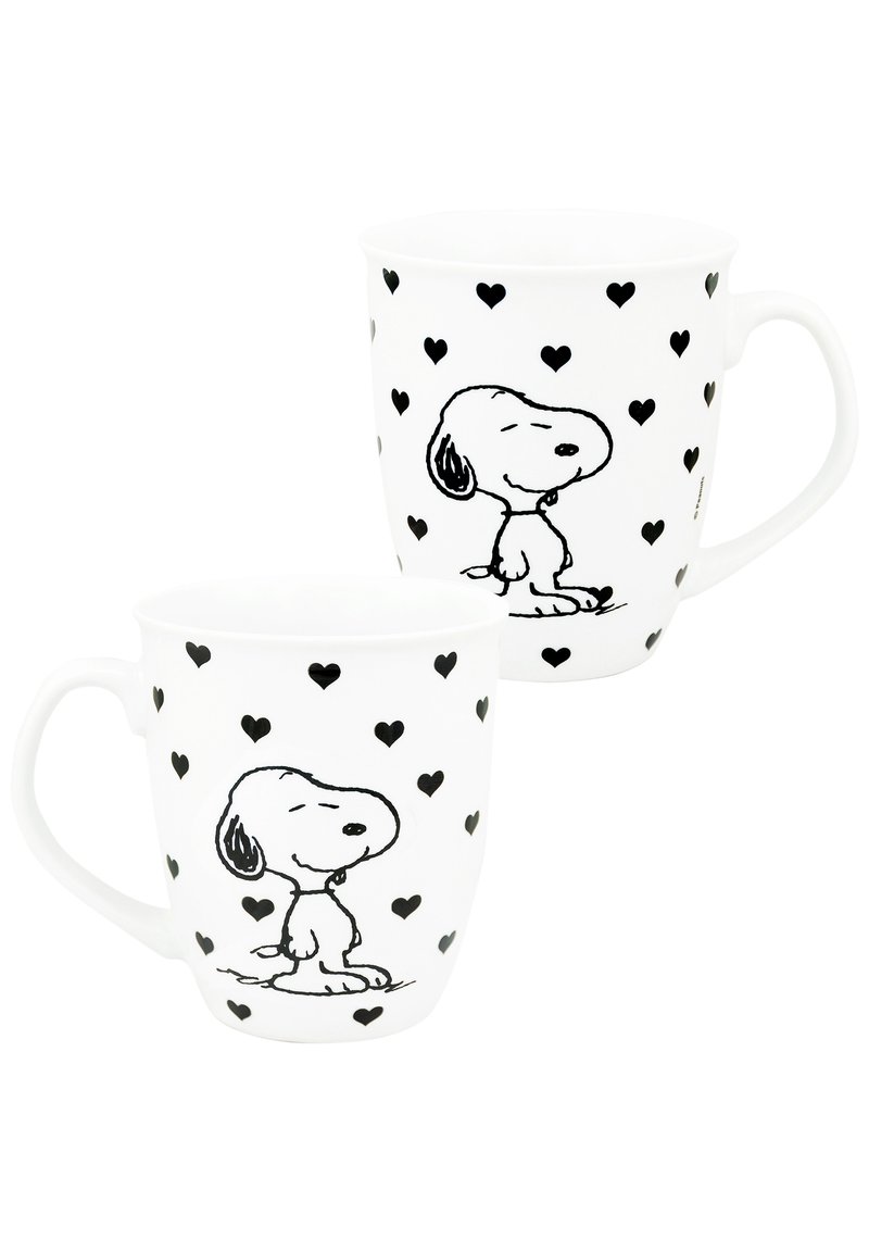 Tazza ceramica bianca con opere d'arte in linea nera raffigurante un cane tra cuori neri sparsi. Manico curvo, forma cilindrica, finitura liscia.
