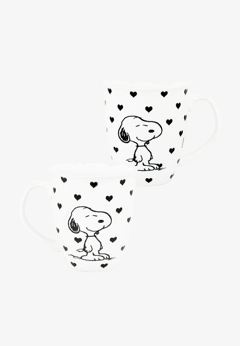 Tazza ceramica bianca con opere d'arte in linea nera raffigurante un cane tra cuori neri sparsi. Manico curvo, forma cilindrica, finitura liscia.