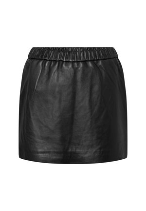Mini gonna in ecopelle nera con cintura elastica arricciata e texture liscia, esposta su sfondo bianco.