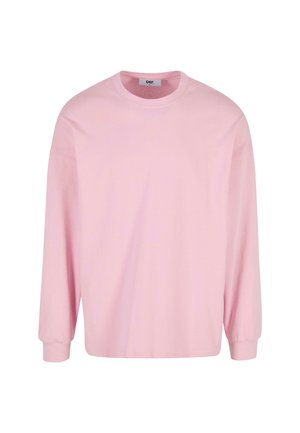 Hele roosa pikkade varrukatega T-särk, mis on valmistatud puuvillast. Omab ümmargust kaelust ja lahtist lõike. Ei ole nähtavaid mustreid ega riistvaralisi detaile.