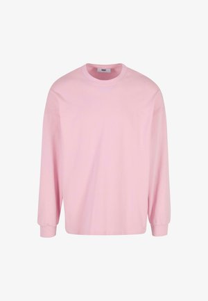 Hele roosa pikkade varrukatega T-särk, mis on valmistatud puuvillast. Omab ümmargust kaelust ja lahtist lõike. Ei ole nähtavaid mustreid ega riistvaralisi detaile.