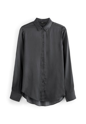 Blouse gris foncé à manches longues, boutonnée, avec col et ourlet arrondi, présentée à plat sur fond blanc.