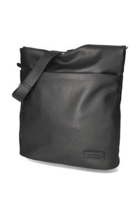Black textured leather crossbody bag with adjustable strap and subtle brand logo patch on front bottom corner.