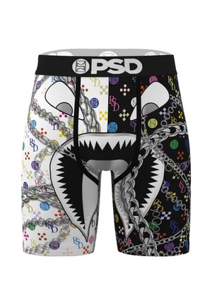 Boxershorts mit schwarz-weißen Hälften, mehrfarbigen Logos, silbernen Ketten und einem großen Haifischmaul-Grafik vorne, mit PSD-Logo auf dem Bund.
