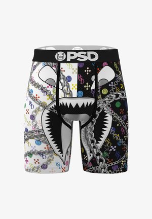 Boxershorts mit schwarz-weißen Hälften, mehrfarbigen Logos, silbernen Ketten und einem großen Haifischmaul-Grafik vorne, mit PSD-Logo auf dem Bund.