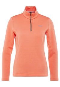 Langarmpullover in felgekleurde koraalfleece, met een halve ritssluiting en een contrasterende zwarte rits met het Colmar-logo op de borst.