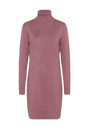 Vestido de punto de manga larga en rosa empolvado con cuello alto, puños y dobladillo acanalados, con silueta ajustada.