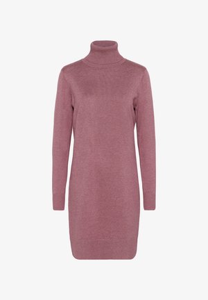 Hosszú ujjú poros rózsaszín kötött garbóruha bordázott mandzsettával és szegéllyel, testhez simuló sziluettel.