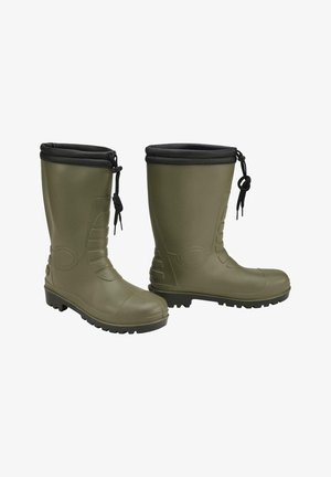 Bottes en caoutchouc vertes avec un dessus noir rembourré. Présente des semelles avec des grips texturés et un laçage pour un ajustement sécurisé. Design à bout rond.