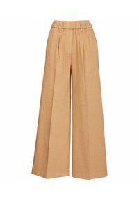 Pantaloni a gamba larga in un tessuto beige chiaro, con un'alta vita elastica, pieghe nette e una texture liscia.