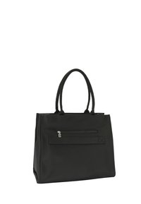 Borsa a mano sintetica nera con doppie maniglie superiori, tasca esterna con zip, forma rettangolare, superficie liscia e dettaglio del logo discreto.