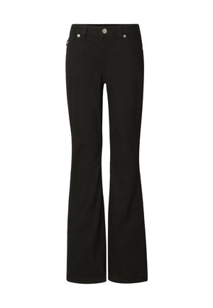 Czarne dzwony z dżinsu wykonane z mieszanki bawełny, wyposażone w pięć kieszeni, rozpięcie na suwak oraz metalowe guziki do zapięcia.