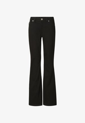 Czarne dzwony z dżinsu wykonane z mieszanki bawełny, wyposażone w pięć kieszeni, rozpięcie na suwak oraz metalowe guziki do zapięcia.