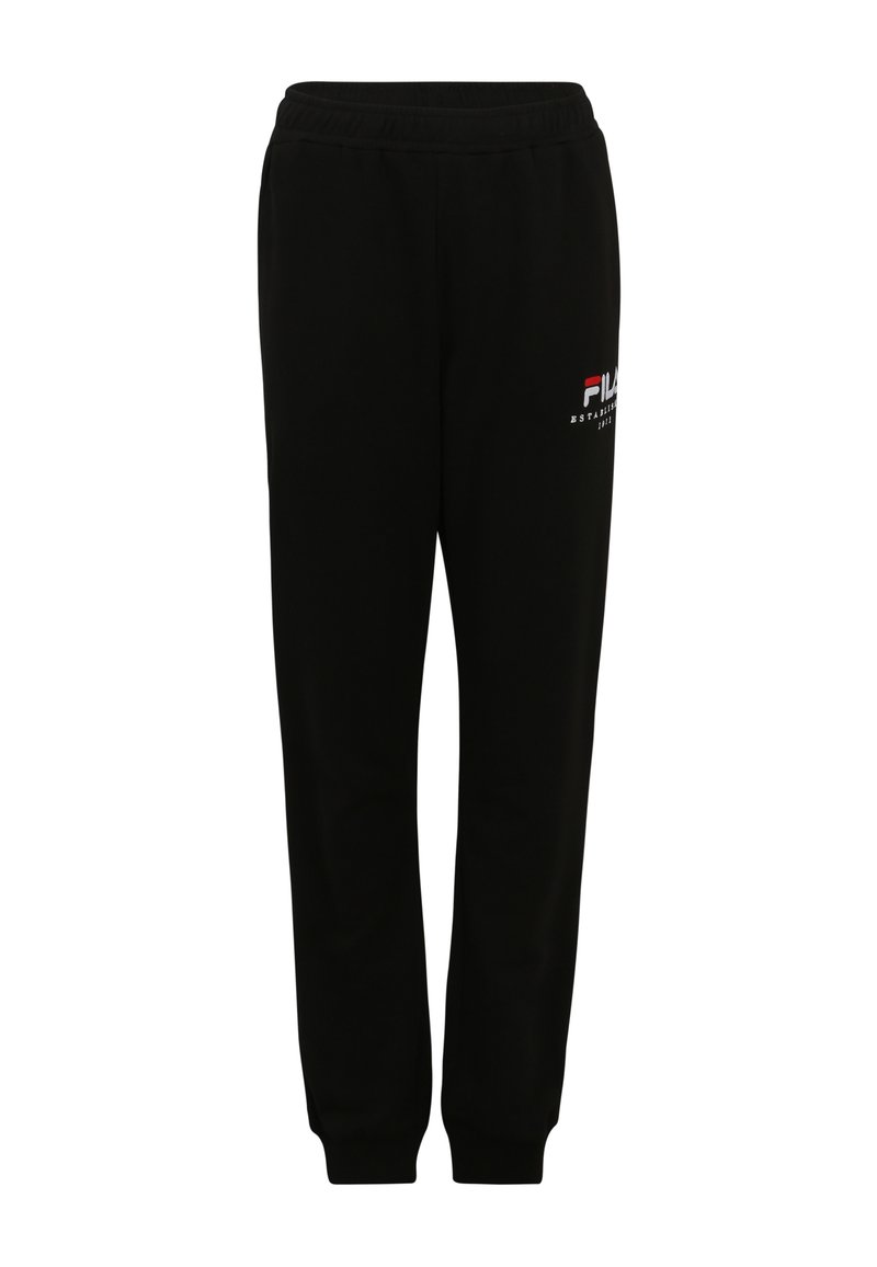 Schwarze Jogginghosen mit elastischem Bund, gerippten Knöcheln und einem kleinen weißen und farbigen Logo am linken Bein. Weicher Stoff.