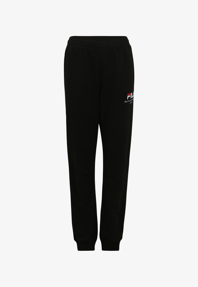 Schwarze Jogginghosen mit elastischem Bund, gerippten Knöcheln und einem kleinen weißen und farbigen Logo am linken Bein. Weicher Stoff.