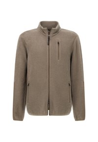 Beige full-zip fleecejack met opstaande kraag, borstzak met rits en twee zijzakken met rits, afgebeeld tegen een witte achtergrond.