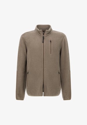 Beež täispikkade lukuga fliisjakke, millel on püstine krae, rinnal lukuga tasku ja kaks külgset lukuga taskut, esitatud valge tausta ees.