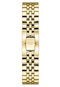 Reloj de metal dorado con pulsera articulada pulida y caja cuadrada. Presenta un diseño minimalista y el nombre de la marca grabado en la esfera.