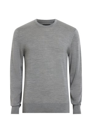 Grå langærmet sweater med rund halsudskæring, ribbede manchetter og kant, med et subtilt struktureret mønster og en lille logoaccent.