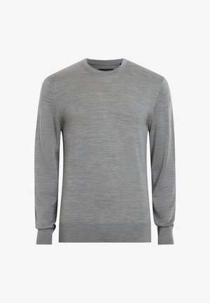 Harmaa pitkähihaisessa neuleessa on pyöreä pääntie, ribbauskavennukset ja helma, joissa on hienovarainen teksturoitu kuvio ja pieni logo.