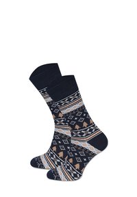 Granatowe skarpetki z geometrycznymi wzorami w kolorze kremowym, pomarańczowym i szarym. Posiadają ściągacze, gładką fakturę oraz sięgają do połowy łydki.