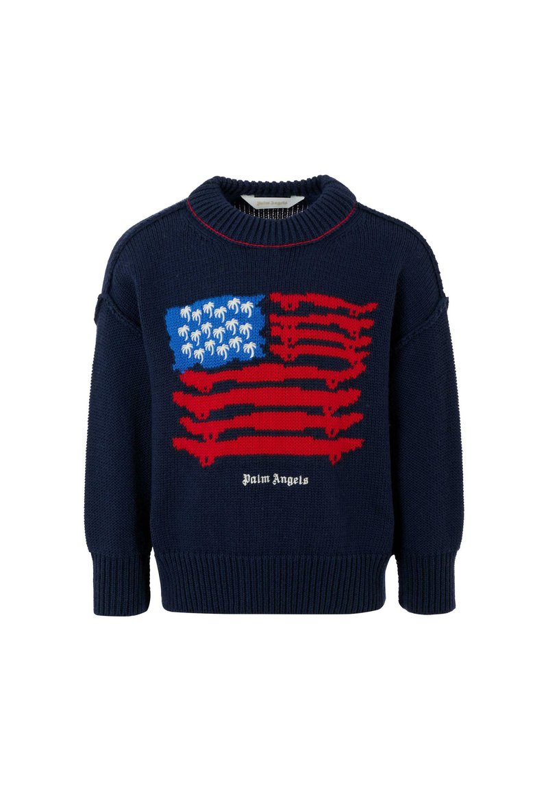 Pull en tricot navy avec un motif de drapeau américain représentant des palmiers en bleu et rouge, doté de poignets côtelés et d'un col montant. Texte "Palm Angels" inclus.