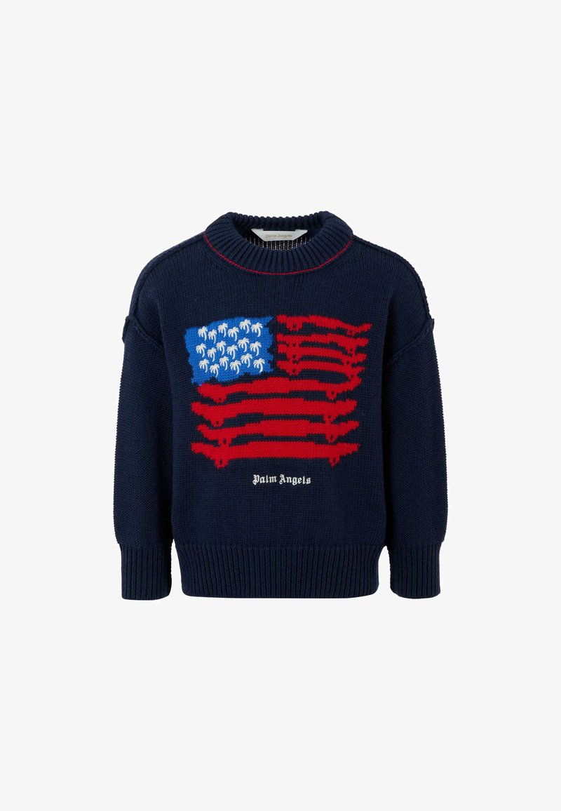 Pull en tricot navy avec un motif de drapeau américain représentant des palmiers en bleu et rouge, doté de poignets côtelés et d'un col montant. Texte "Palm Angels" inclus.