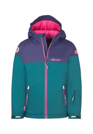 Cyan- und lila Jacke mit einem rosa Futter, Reißverschlusstaschen und verstellbarem Kapuzen. Mit einem Logopatch und einem kontrastierenden Reißverschluss. Wasserabweisendes Material.