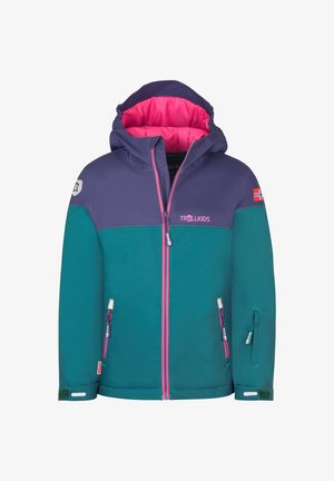 Giacca turchese e viola con una fodera rosa, tasche con zip e cappuccio regolabile. Presenta una patch con logo e una zip a contrasto. Materiale impermeabile.