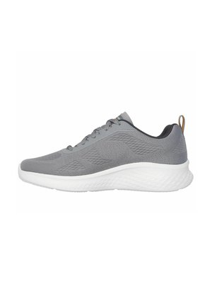 Gray athletic shoes with a textured upper, featuring a white cushioning sole, lace closure, and a small loop at the heel.
