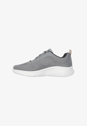 Gray athletic shoes with a textured upper, featuring a white cushioning sole, lace closure, and a small loop at the heel.