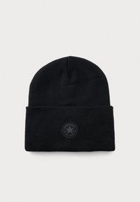 Beanie negru din tricot cu tiv pliabil și patch cu logo-ul embosat Converse All Star centrat pe față.