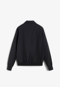 Black, lightweight bomber jacket with long sleeves, ribbed cuffs and hem, and a classic collar, featuring a smooth, textured fabric.