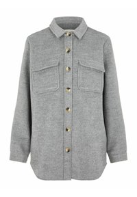 Graues Flanellhemd mit Kragen, Knopfleiste und zwei Vordertaschen. Verfügt über abgerundeten Saum und goldfarbene Knöpfe. Weicher, strukturierter Stoff.