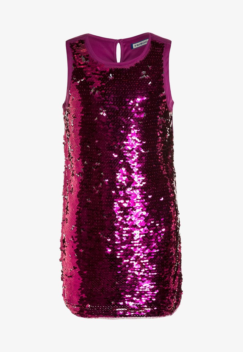 Ärmlös klänning med en paljettdekoration på framsidan i nyanser av rosa och magenta. Har en nyckelhålsöppning i ryggen och en mjuk tygkvalitet på axlarna.