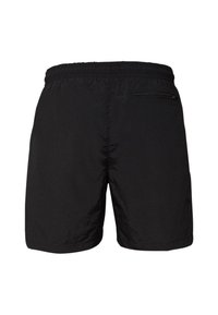 Čierne plavecké šortky s elastickým pásom, hladkou textúrou a vreckom na zips na zadnej strane. Jednoduchý dizajn, bez viditeľných vzorov alebo akcentov.