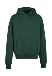 Grøn sweatshirt i bomuldsblanding med en stor lomme foran, ribbede manchetter og hætte med snøre. Glat, ensartet tekstur.