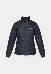 Giacca a vento nera con design trapuntato, colletto alto e chiusura frontale a zip. Presenta un logo sul lato sinistro del petto e polsini elastici.