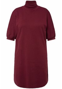 Burgundské šaty s vysokým límcem a krátkými nafouklými rukávy, vyrobené z měkké tkaniny. Mají boční rozparky a volný střih.