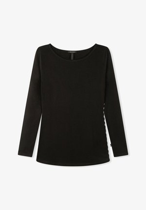 Czarna bluzka z długim rękawem, wykonana z miękkiego materiału, z okrągłym dekoltem i prostym krojem, z kontrastowymi przeszyciami po bokach.
