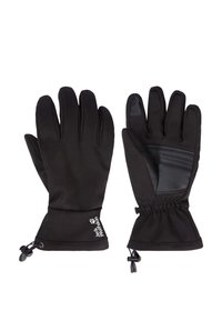 Guanti termici neri con tessuto esterno liscio, palmo testurizzato per una migliore presa, polsini elasticizzati e coulisse regolabile al polso.