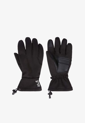Zwarte thermische handschoenen met een gladde buitenstof, een getextureerde palm voor grip, elastische manchetten en verstelbare trekkoorden bij de pols.