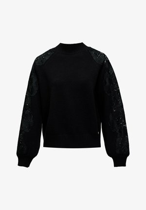 Jersey negro de punto con cuello alto acanalado, puños y dobladillo, que presenta aplicaciones de encaje floral en los hombros y mangas de longitud completa.