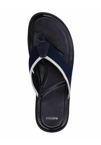 Marine flip-flop met een gestructureerde stoffen tussenstuk met witte accenten, rubberen zool en een reliëflogo aan de onderkant.