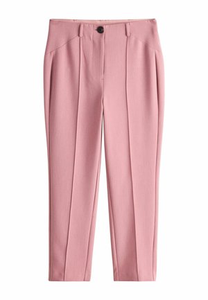 Maßgeschneiderte Hosen aus weichem rosa Stoff, mit hoher Taille, scharfem Bügelfalz und Ein-Knopf-Verschluss für einen schlanken Look.