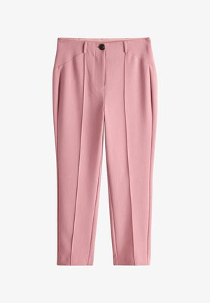 Maßgeschneiderte Hosen aus weichem rosa Stoff, mit hoher Taille, scharfem Bügelfalz und Ein-Knopf-Verschluss für einen schlanken Look.