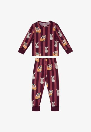 Pyjama à manches longues en tissu bordeaux avec des rayures verticales. Comprend des motifs imprimés de renards et de lièvres, des poignets côtelés et une coupe décontractée.